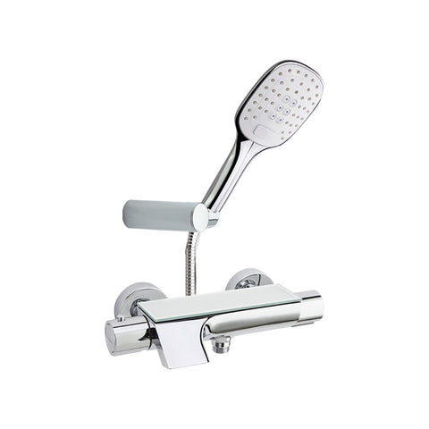 Urban Chic, bain-douche thermostatique avec équipement de douche,sortie cascade,inverseur intégré et étagère avec verre de